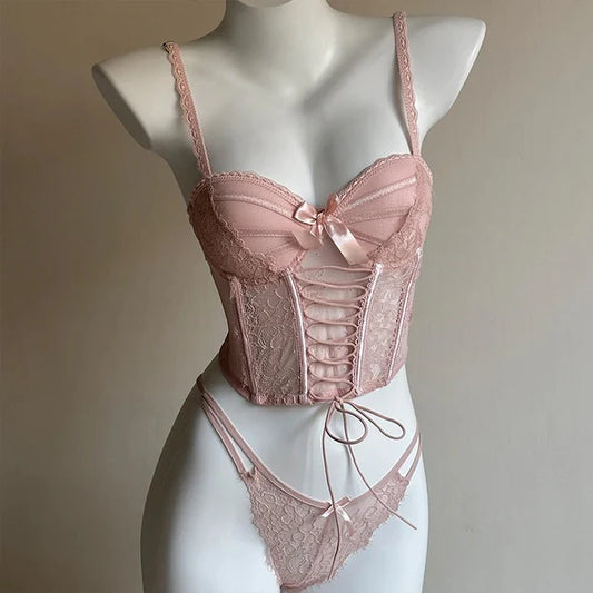 Lace Lingerie Set – Corset Style Bra & Panty with Adjustable Straps F12