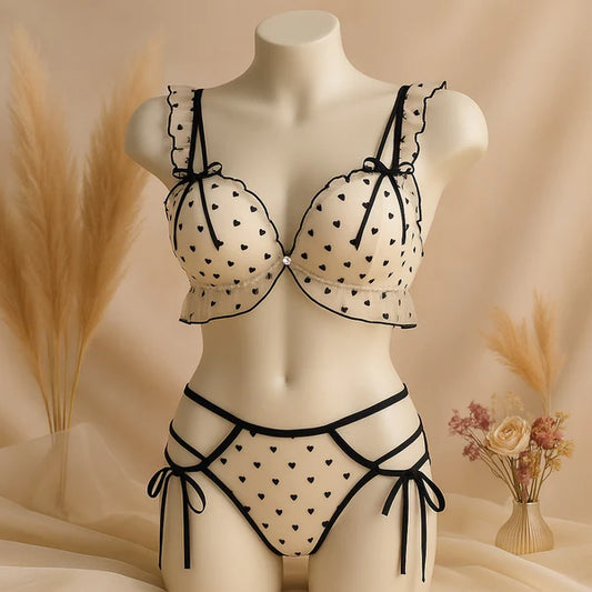 New High-Quality Black Heart Embroidered Push-Up Bra with Cute Lace Panty Set 2007