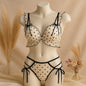 New High-Quality Black Heart Embroidered Push-Up Bra with Cute Lace Panty Set 2007